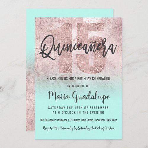 Girly Grunge Rose Gold Mint Glitter Quinceaera Invitation