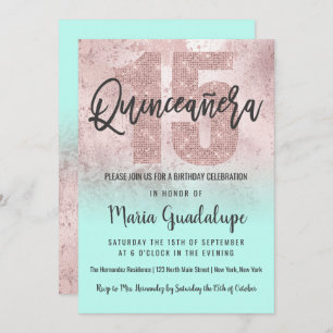 Girly Grunge Rose Gold Mint Glitter Quinceañera Invitation