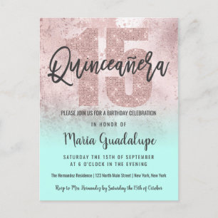 Girly Grunge Rose Gold Mint Glitter Quinceañera Invitation Postcard