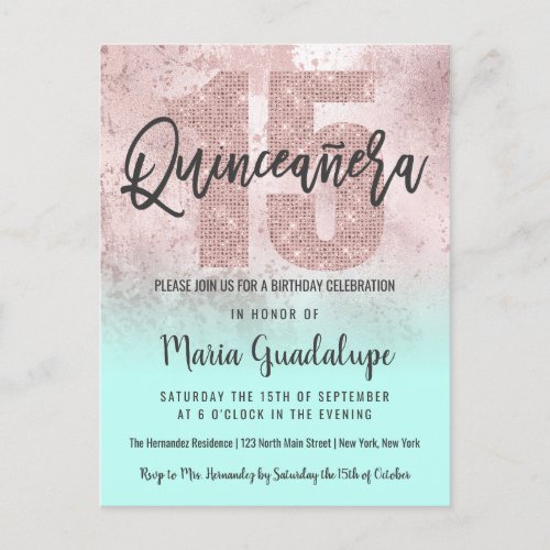 Girly Grunge Rose Gold Mint Glitter Quinceaera Invitation Postcard