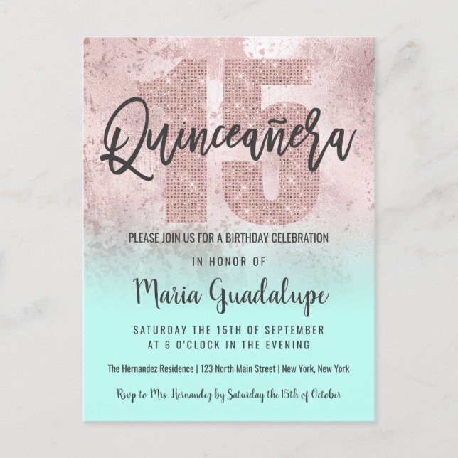 Girly Grunge Rose Gold Mint Glitter Quinceañera Invitation Postcard (Front)