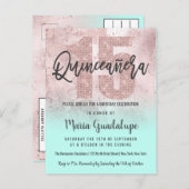Girly Grunge Rose Gold Mint Glitter Quinceañera Invitation Postcard (Front/Back)