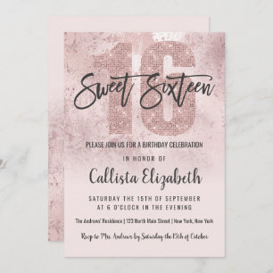 Girly Grunge Rose Gold Pink Glitter Foil Sweet 16 Invitation