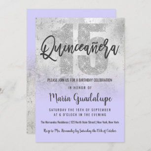 Girly Grunge Silver Lilac Glitter Foil Quinceañera Invitation