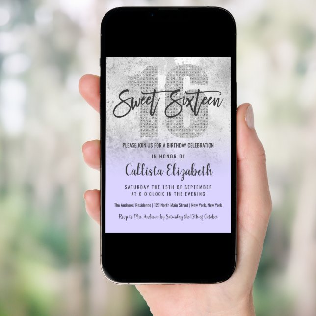 Girly Grunge Silver Lilac Glitter Foil Sweet 16 Invitation (Front Digital)