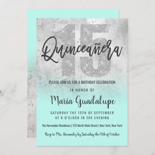 Girly Grunge Silver Mint Glitter Foil Quinceaera Invitation