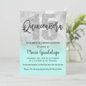 Girly Grunge Silver Mint Glitter Foil Quinceañera Invitation (Standing Front)