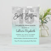 Girly Grunge Silver Mint Glitter Foil Sweet 16 Invitation (Standing Front)
