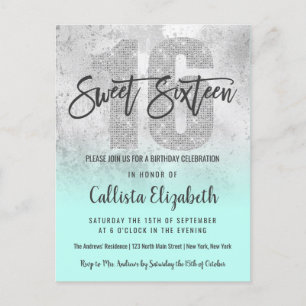Girly Grunge Silver Mint Glitter Foil Sweet 16 Invitation Postcard