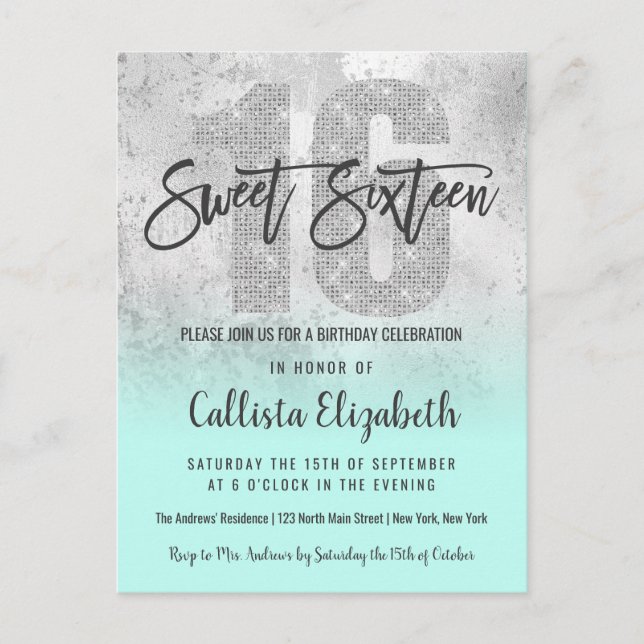 Girly Grunge Silver Mint Glitter Foil Sweet 16 Invitation Postcard (Front)