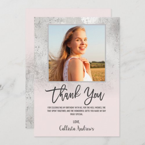 Girly Grunge Silver Pink Glitter Foil Photo Thank  Thank You Card