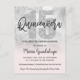 Girly Grunge Silver Pink Glitter Foil Quinceañera Invitation Postcard