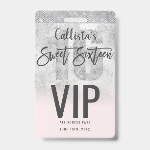 Girly Grunge Silver Pink Glitter Foil Sweet 16 Badge