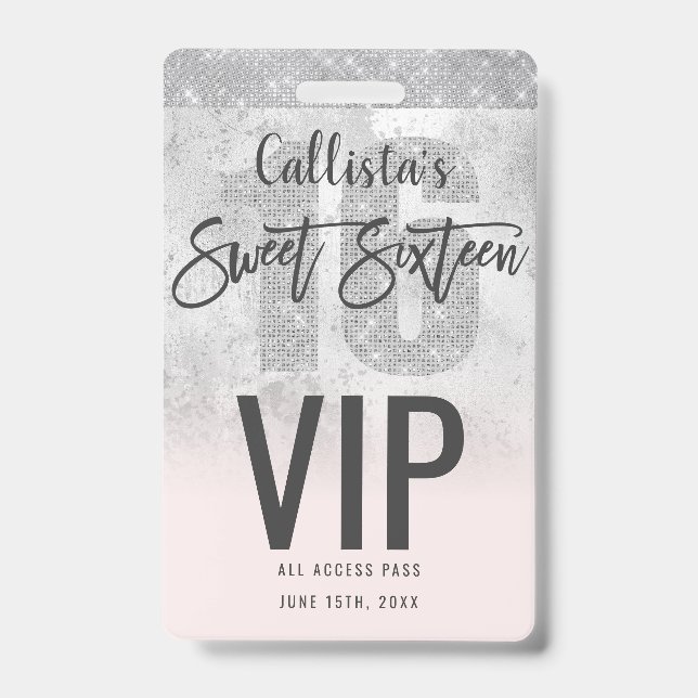 Girly Grunge Silver Pink Glitter Foil Sweet 16 Badge (Front)