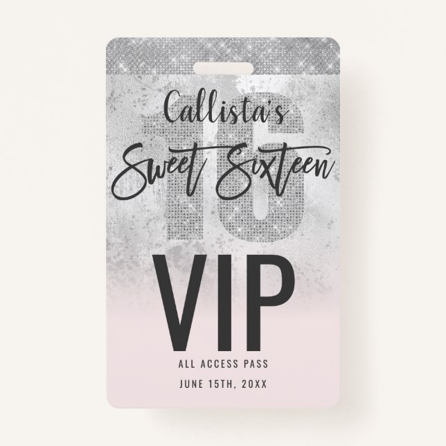 Girly Grunge Silver Pink Glitter Foil Sweet 16 Badge (Front)