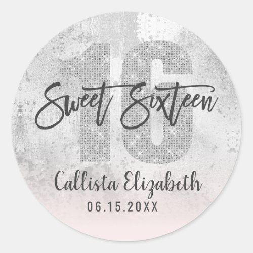 Girly Grunge Silver Pink Glitter Foil Sweet 16 Classic Round Sticker