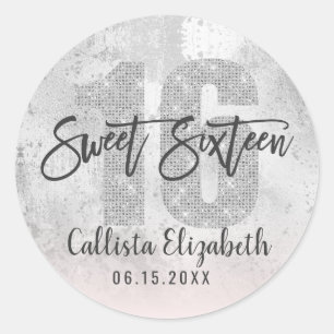 Girly Grunge Silver Pink Glitter Foil Sweet 16 Classic Round Sticker