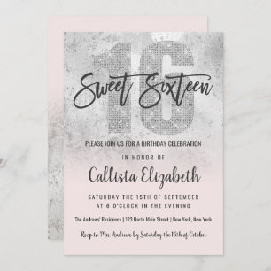 Girly Grunge Silver Pink Glitter Foil Sweet 16 Invitation