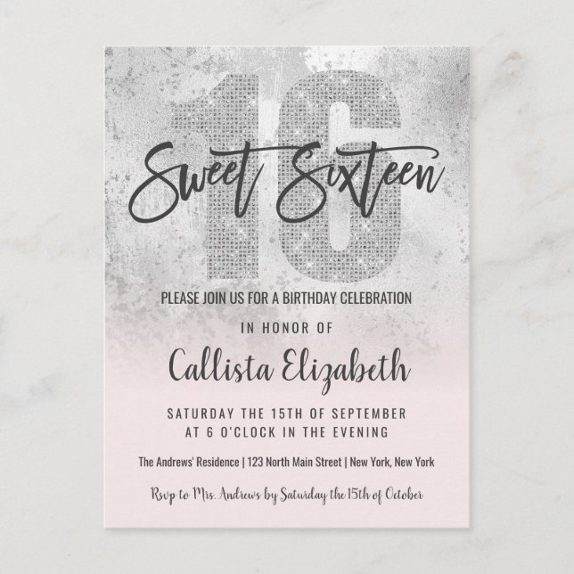 Girly Grunge Silver Pink Glitter Foil Sweet 16 Invitation Postcard (Front)
