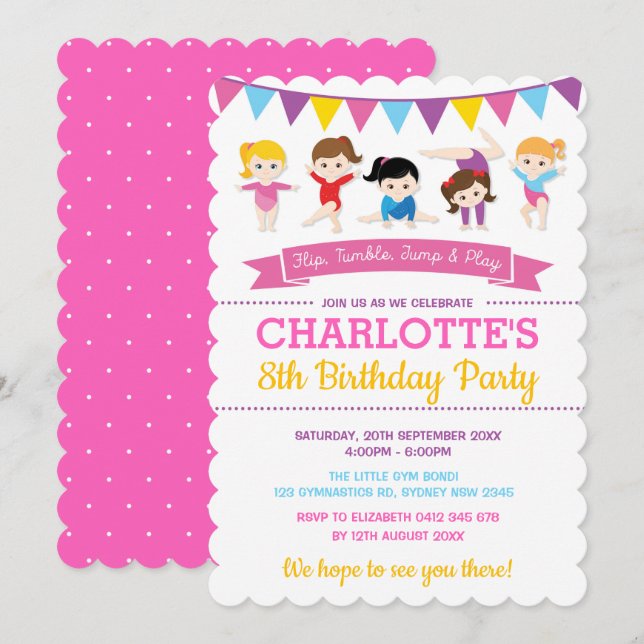 Girly Gymnastics Birthday Pink Gym Party Invitation (Front/Back)