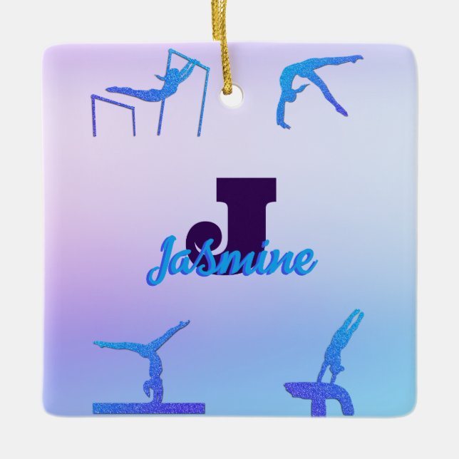 Girly Gymnastics Blue Purple Monogram Personalized Ceramic Ornament (Front)