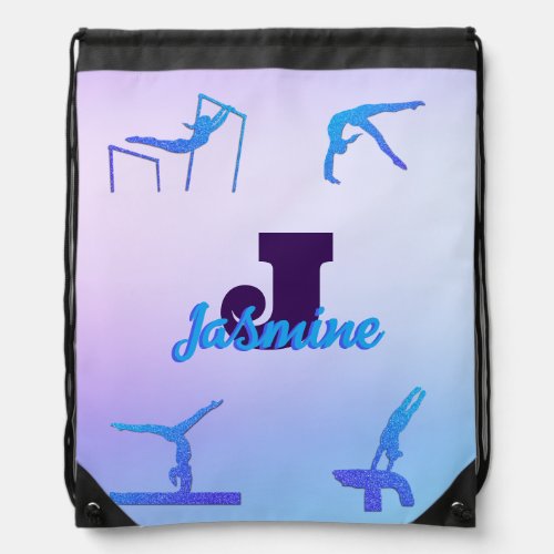 Girly Gymnastics Blue Purple Monogram Personalized Drawstring Bag