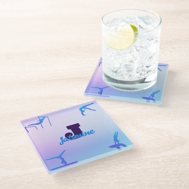 Girly Gymnastics Blue Purple Monogram Personalized Glass Coaster (Angled)