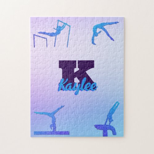 Girly Gymnastics Blue Purple Monogram Personalized Jigsaw Puzzle