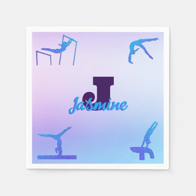 Girly Gymnastics Blue Purple Monogram Personalized Napkins (Front)