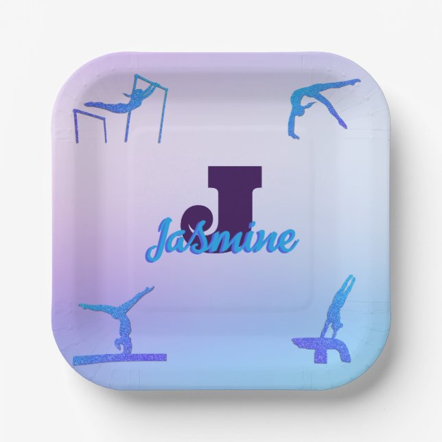 Girly Gymnastics Blue Purple Monogram Personalized Paper Plates (Front)