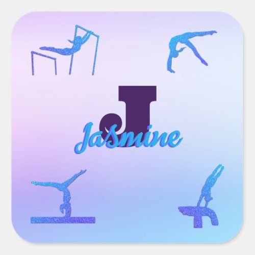 Girly Gymnastics Blue Purple Monogram Personalized Square Sticker