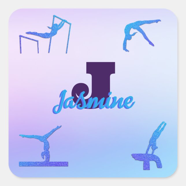 Girly Gymnastics Blue Purple Monogram Personalized Square Sticker (Front)