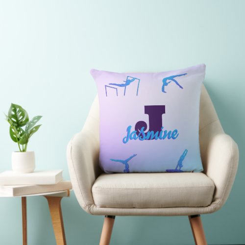 Girly Gymnastics Blue Purple Monogram Personalized Throw Pillow