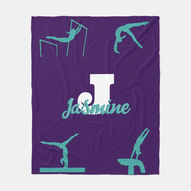 Girly Gymnastics Turquoise Monogram Personalized Fleece Blanket (Front)