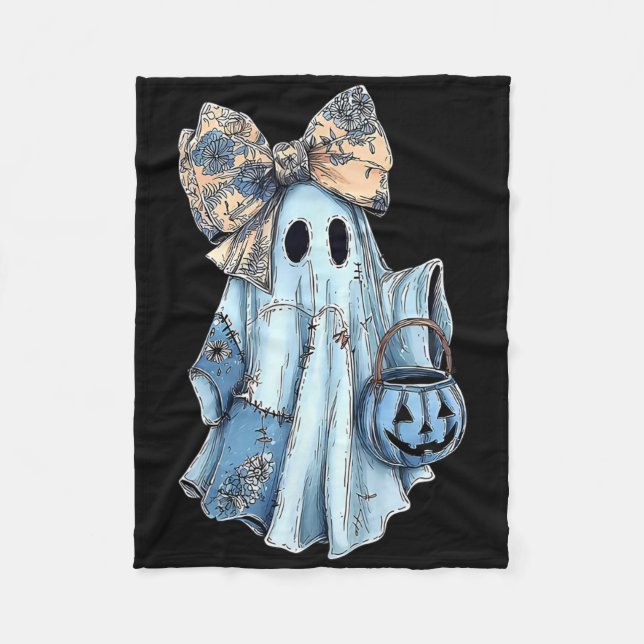 Girly Halloween Blue Denim Ghost Preppy Ghost Bow  Fleece Blanket (Front)