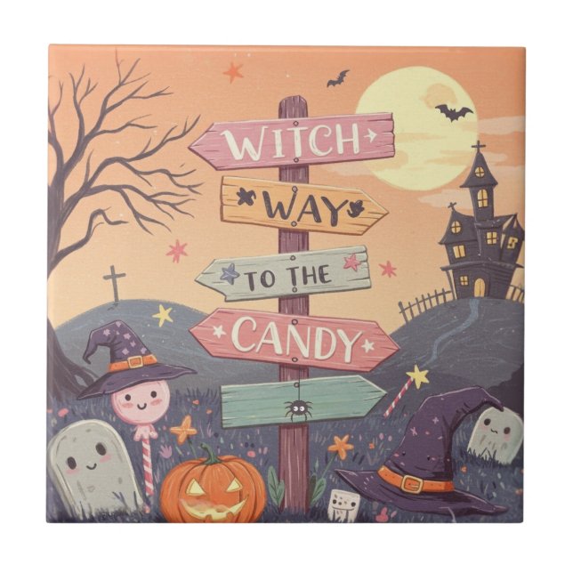 Girly Halloween - Witch Way to the Candy Ceramic Tile (Front)