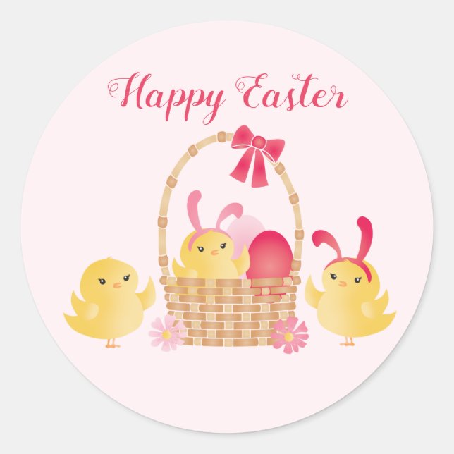 Girly Happy Easter Chicks Pink Classic Round Sticker (Front)