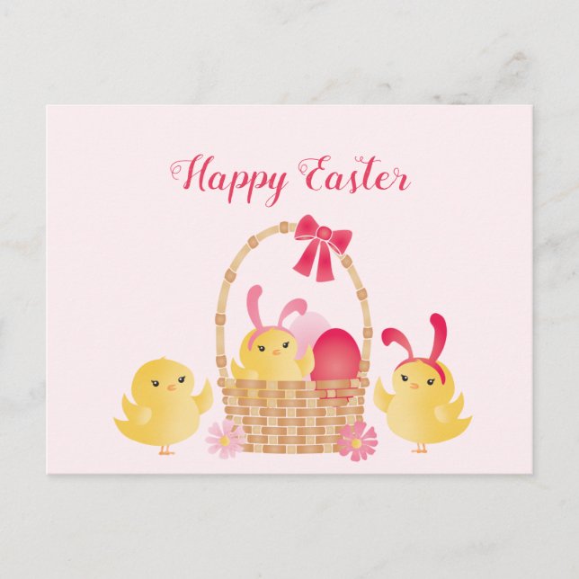 Girly Happy Easter Chicks Pink Postcard (Front)
