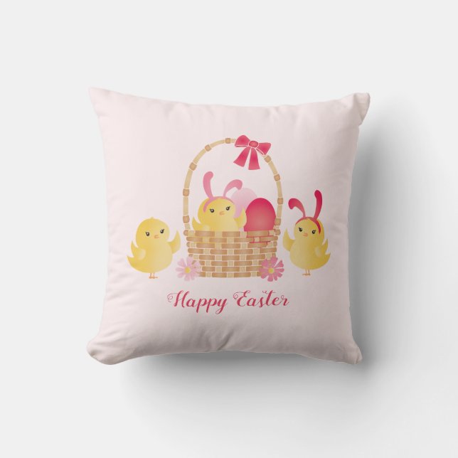 Girly Happy Easter Chicks Pink Throw Pillow (Front)