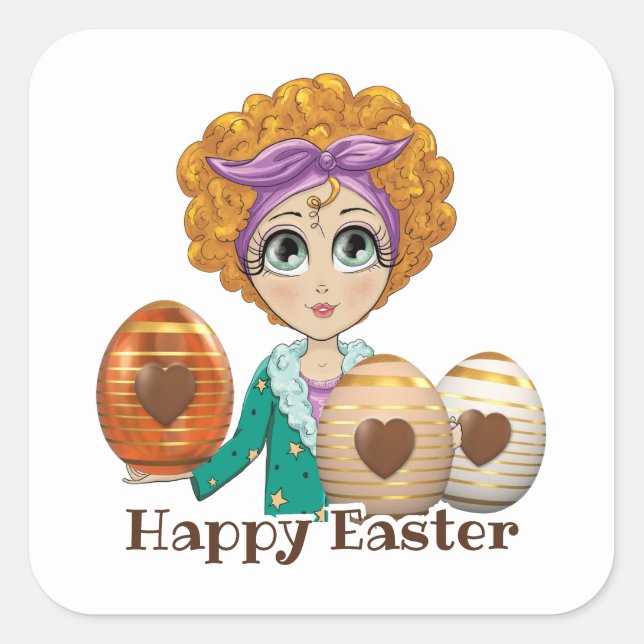 Girly Happy Easter Chocolate Egg Greeting Square Sticker (Front)