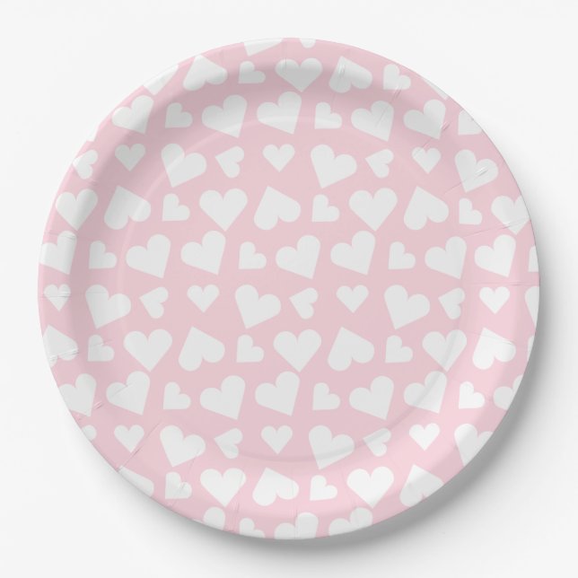 Girly Heart Pattern Pink White Paper Plates (Front)