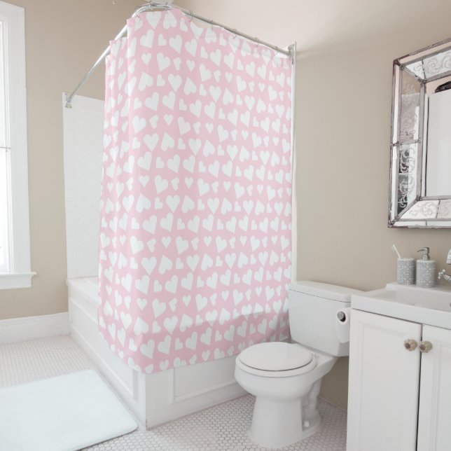 Girly Heart Pattern Pink White Shower Curtain (In Situ)