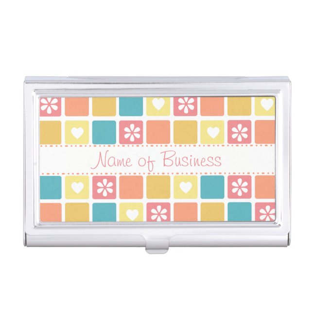 Girly Heart Square Pattern Retro Daisy Flowers Business Card Case (Front)