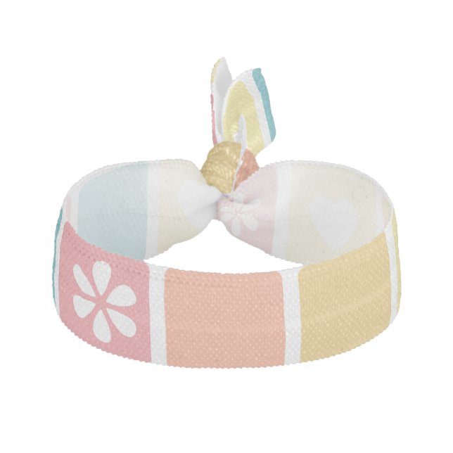 Girly Heart Square Pattern Retro Daisy Flowers Elastic Hair Tie (Front)