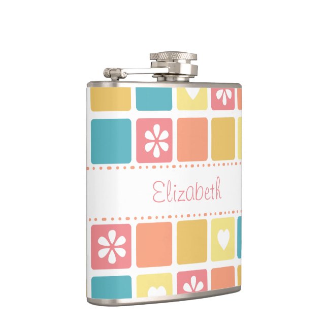 Girly Heart Square Pattern Retro Daisy Flowers Flask (Right)