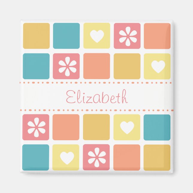 Girly Heart Square Pattern Retro Daisy Flowers Magnet (Front)