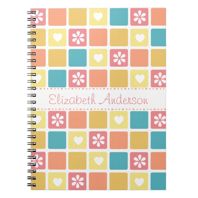 Girly Heart Square Pattern Retro Daisy Flowers Notebook (Front)