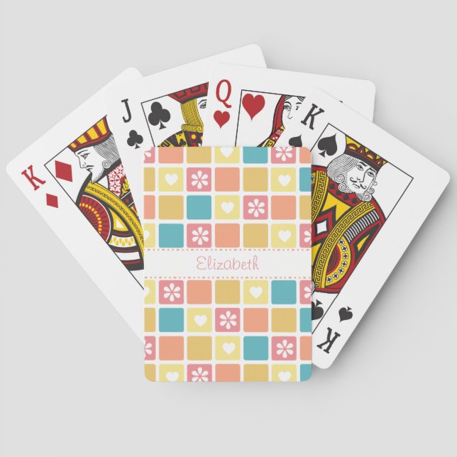 Girly Heart Square Pattern Retro Daisy Flowers Poker Cards (Back)