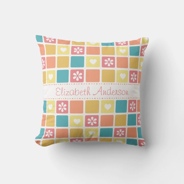 Girly Heart Square Pattern Retro Daisy Flowers Throw Pillow (Front)