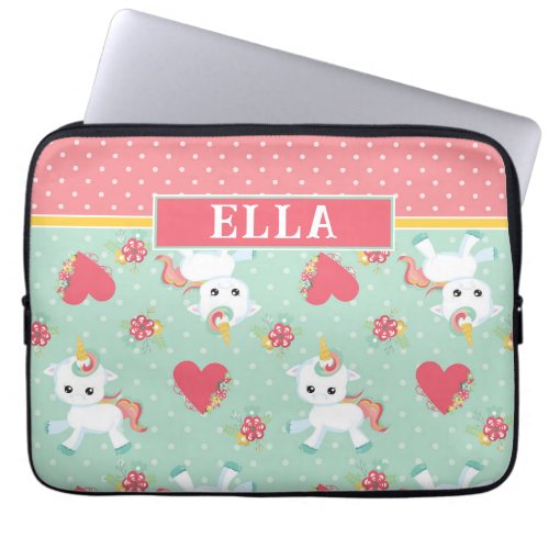 Girly Heart Unicorn Polka Dot Name Laptop Sleeve